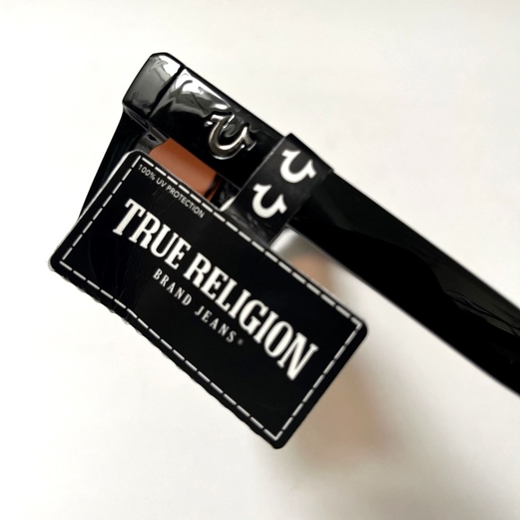 NWT True Religion Square Sunglasses Black Acetate Frame Orange Lens Logo OS - Picture 5 of 7